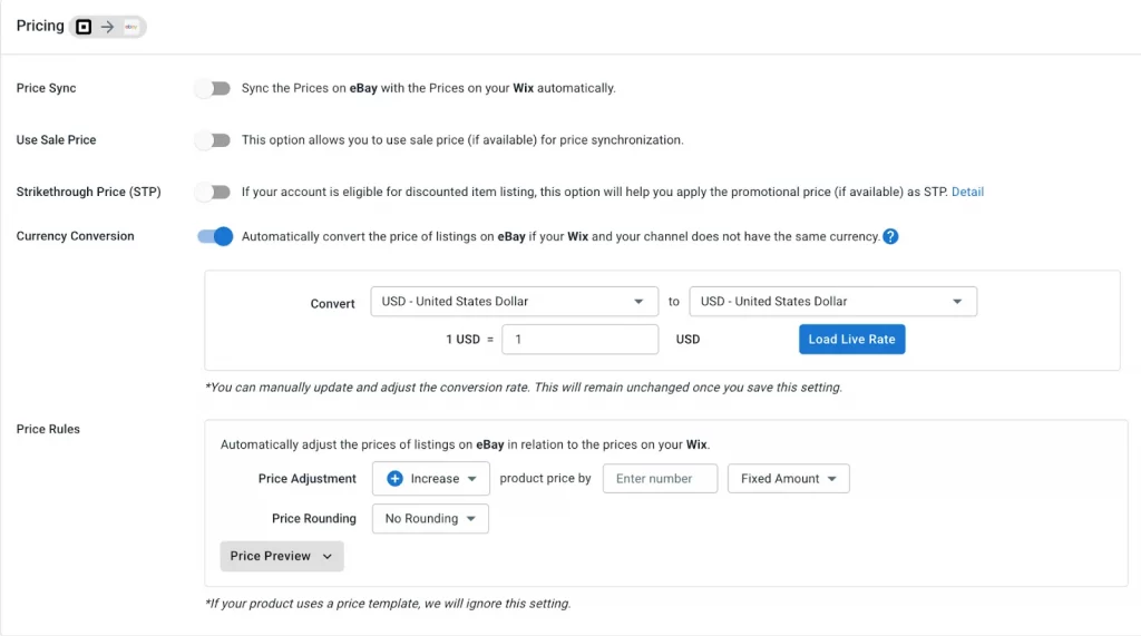 Wix eBay integration 20 Pricing synchronization