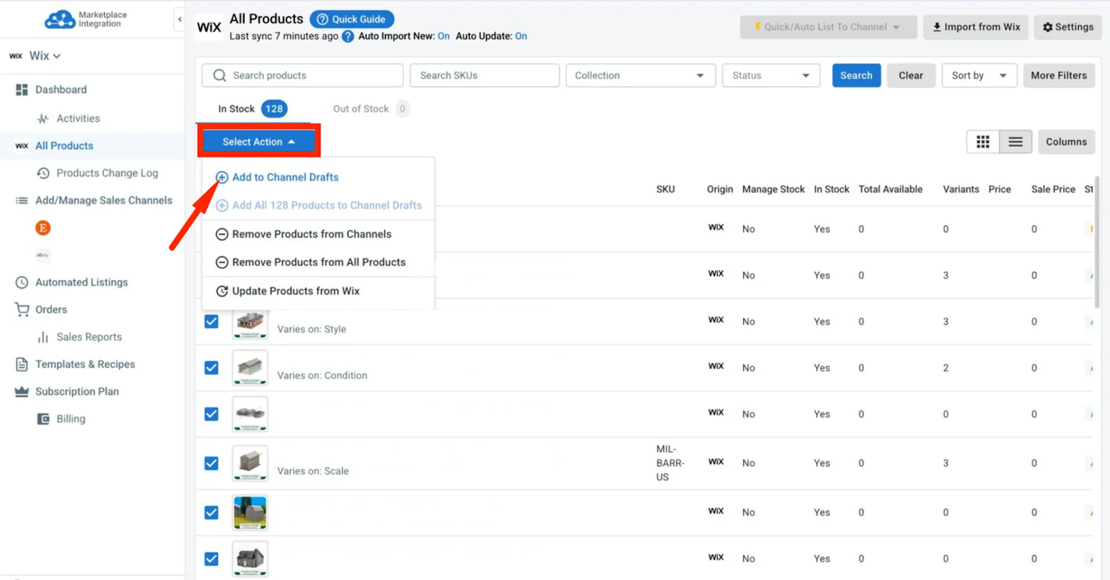 Wix eBay integration 3 Choose "Add to channel drafts" on LitCommerce dashboard
