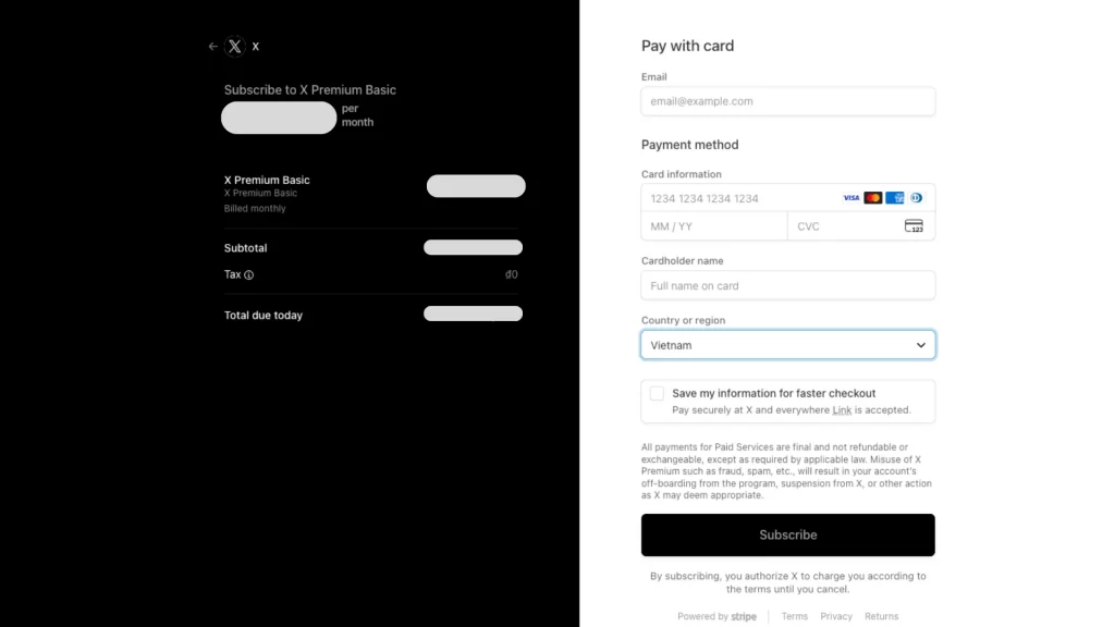 Add payment details and confirm subscription