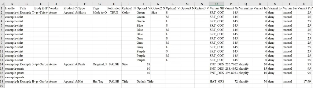 Shopify sample products CSV