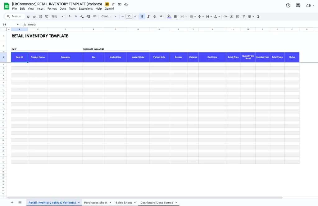 Retails Google Sheets Inventory Template