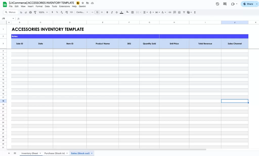 Accessories Google Sheets Inventory Template