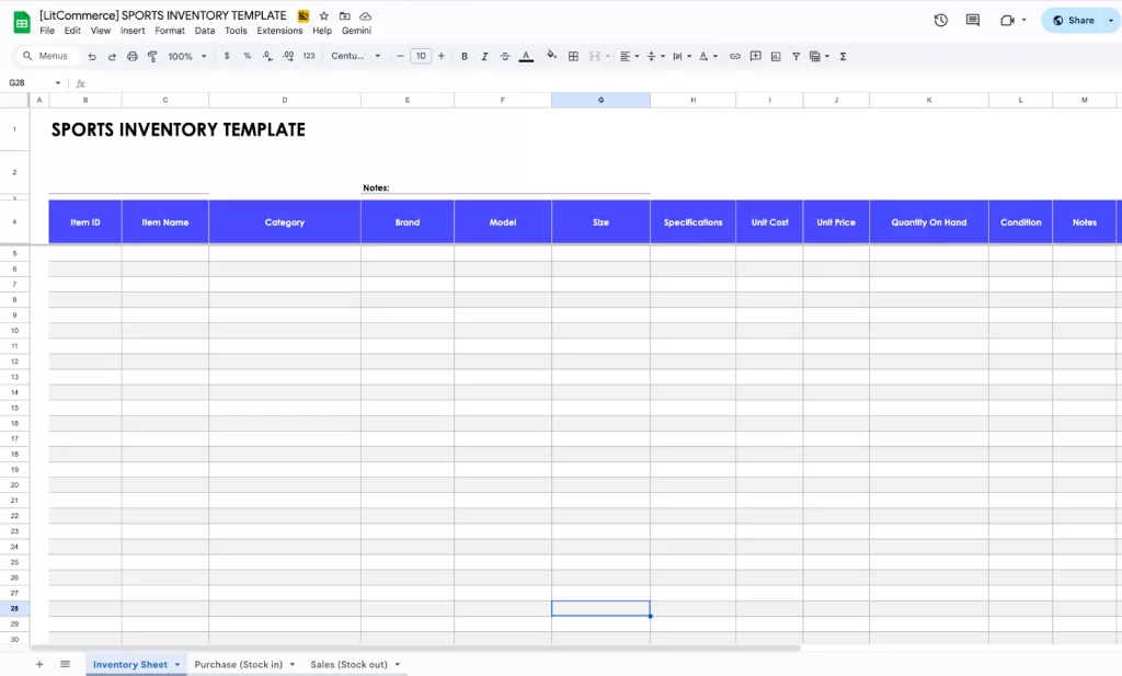 Sports Google Sheets Inventory Template