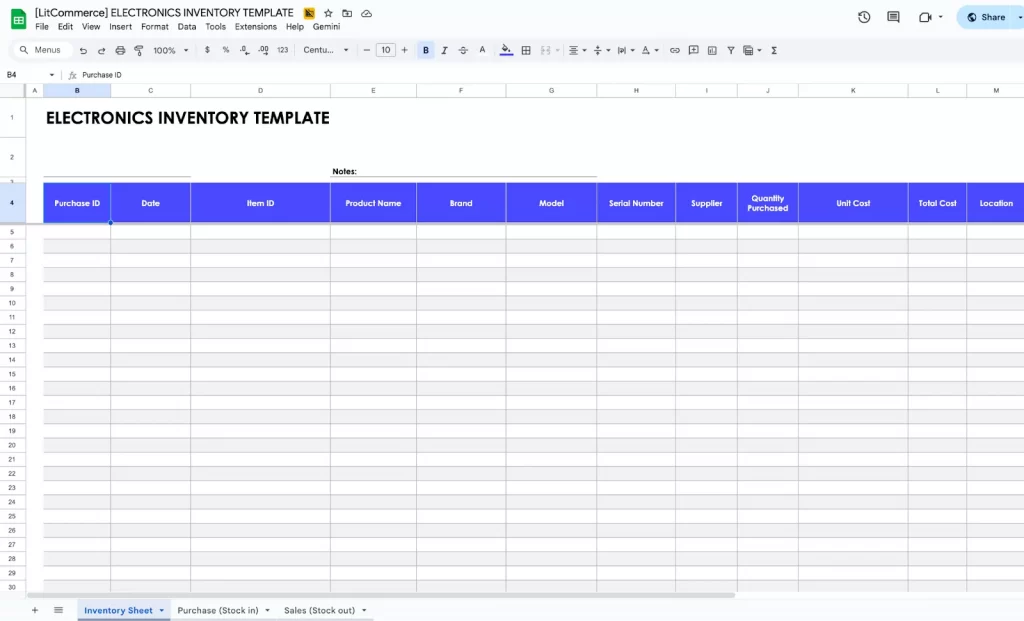 Electronics Google Sheets Inventory Template