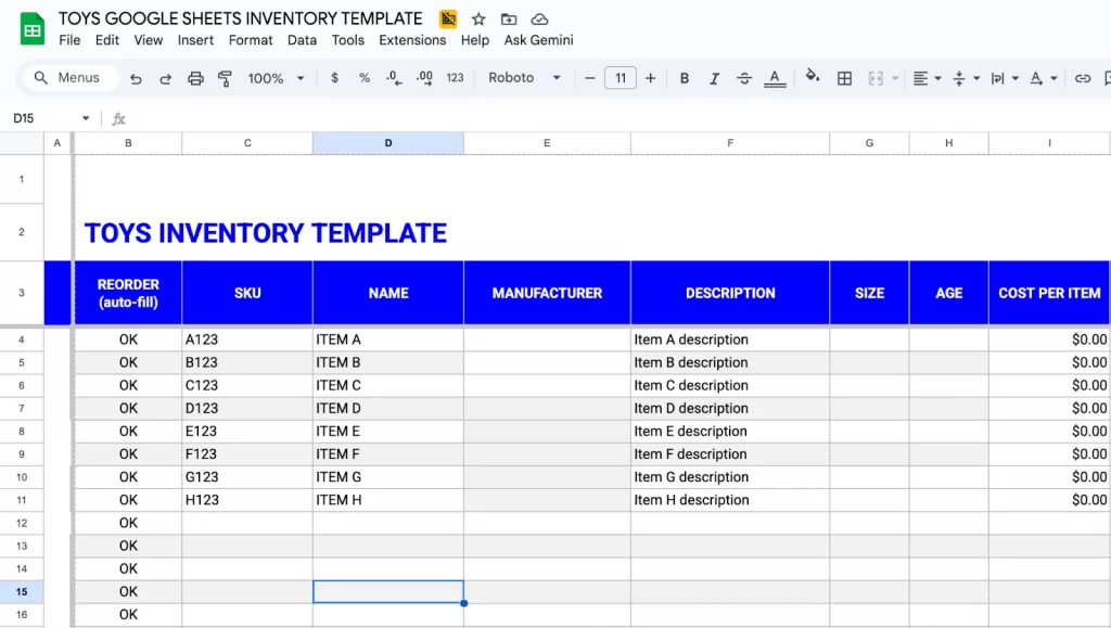 Inventory template on Google Sheet