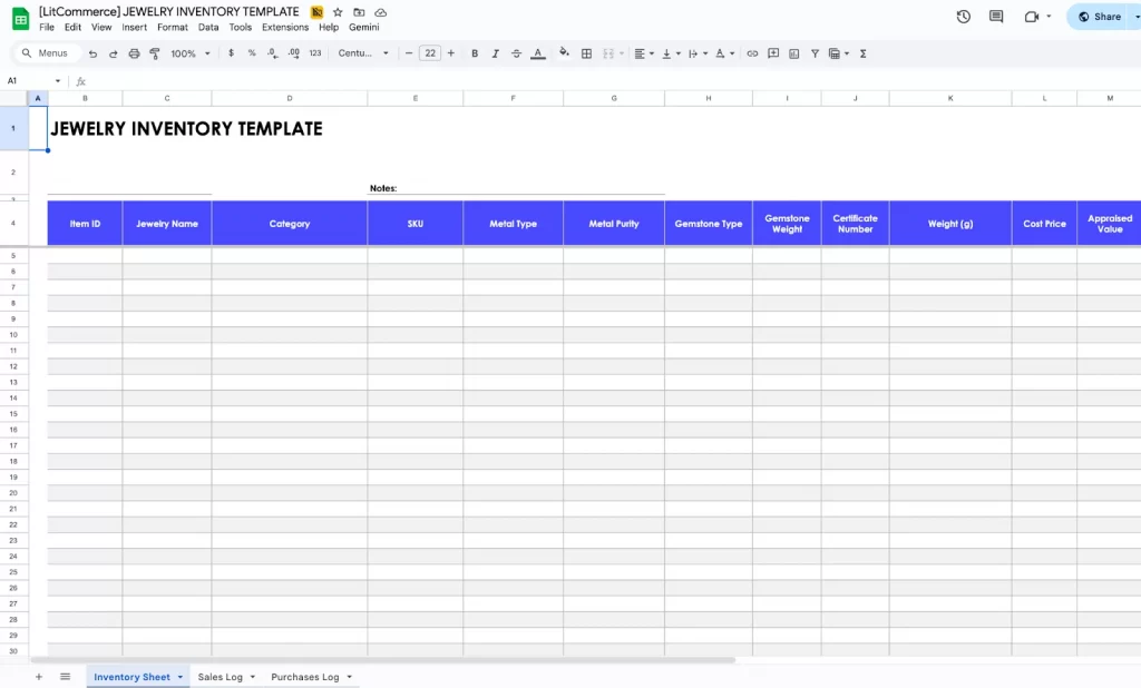 Jewelry Google Sheets Inventory Template