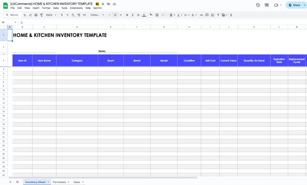 Home and Kitchen Google Sheets Inventory Template