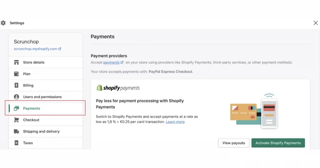 In the “Shopify Payments” section, click Activate Shopify Payments.