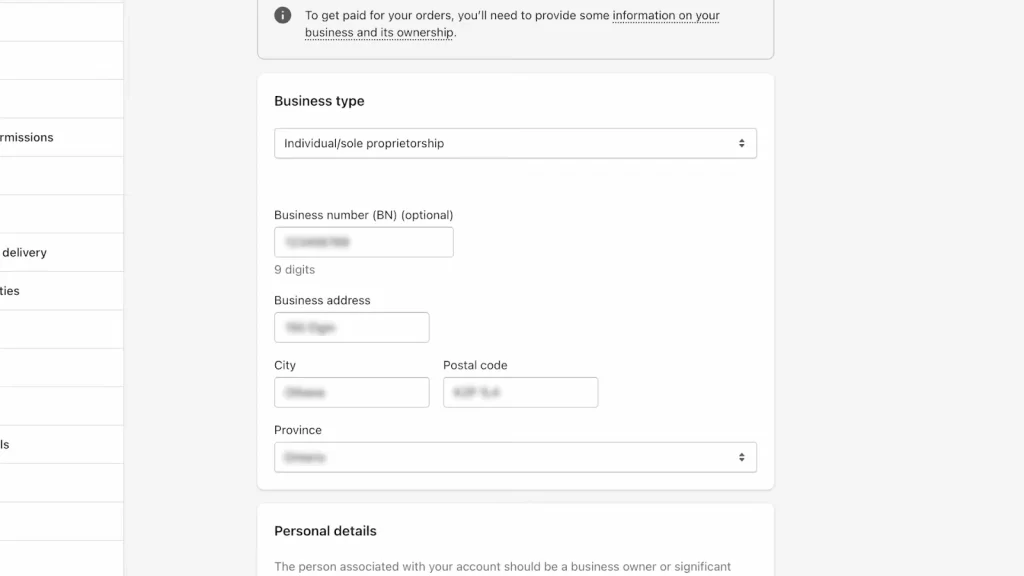 Business details in Shopify admin