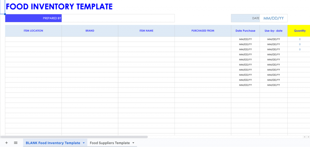 Food Excel inventory template