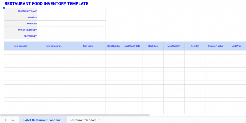 Restaurant Excel inventory template 