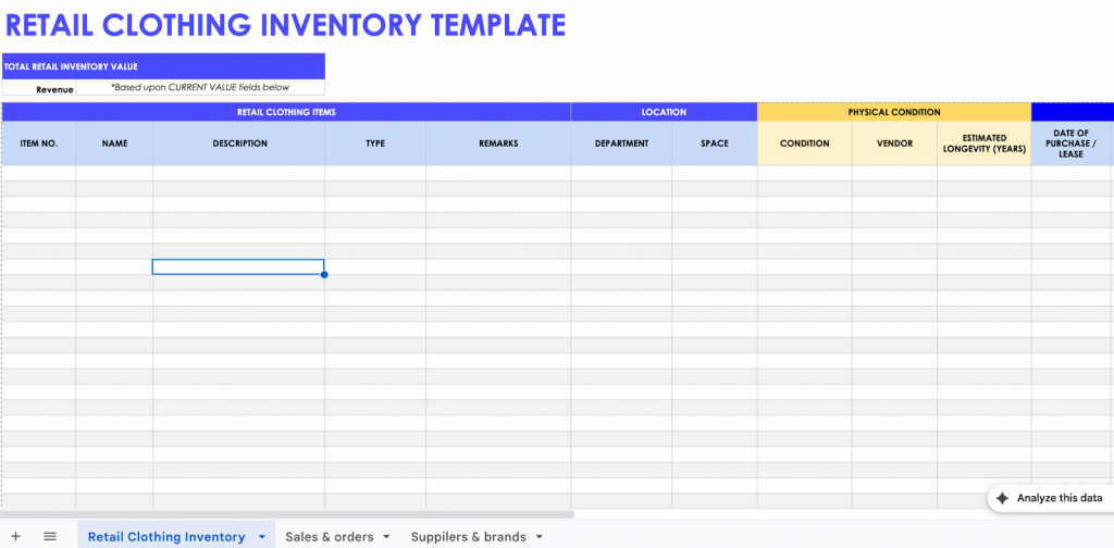 Retail Clothing Inventory Template  