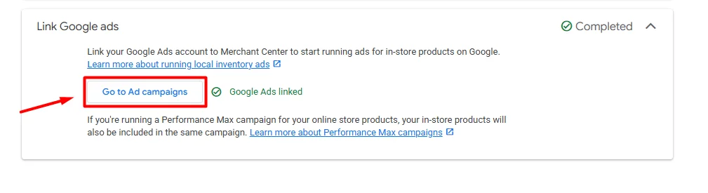 click Go to Ad campaigns Go to Ad campaigns to customize more your Google local inventory ads