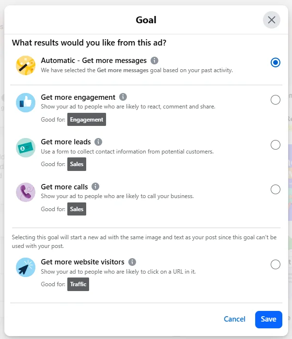 Boosted post goal Set goal for your boosted post
