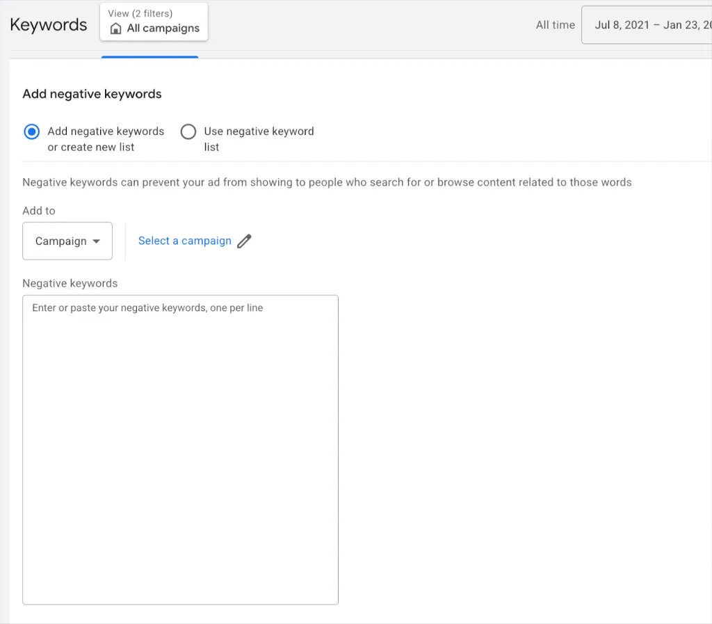 add negative keywords add negative keywords