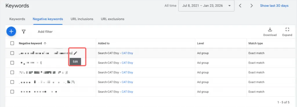 negative keyword edit negative keyword edit
