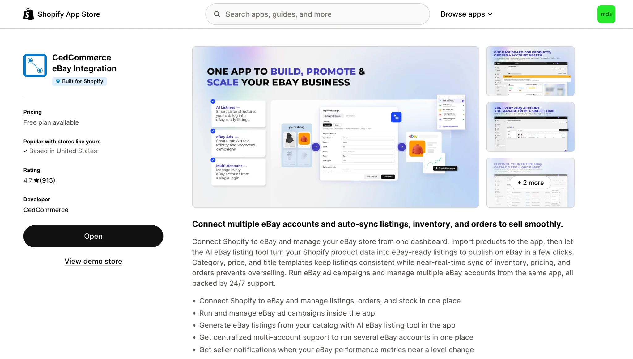 Best eBay Integration Apps for Shopify10 CedCommerce eBay integration app listing on the Shopify App Store