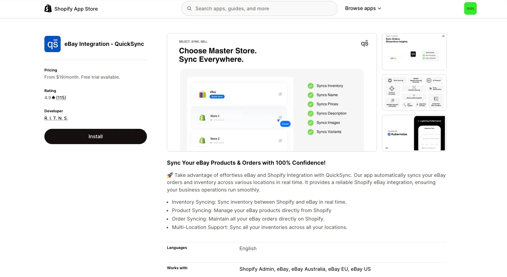 Best eBay Integration Apps for Shopify16 1 QuickSync eBay integration app listing on the Shopify App Store