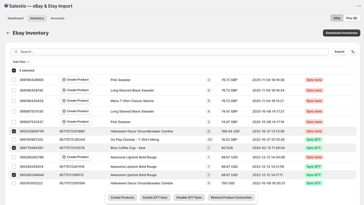Best eBay Integration Apps for Shopify17 Salestio eBay Inventory screen for importing eBay listings into Shopify