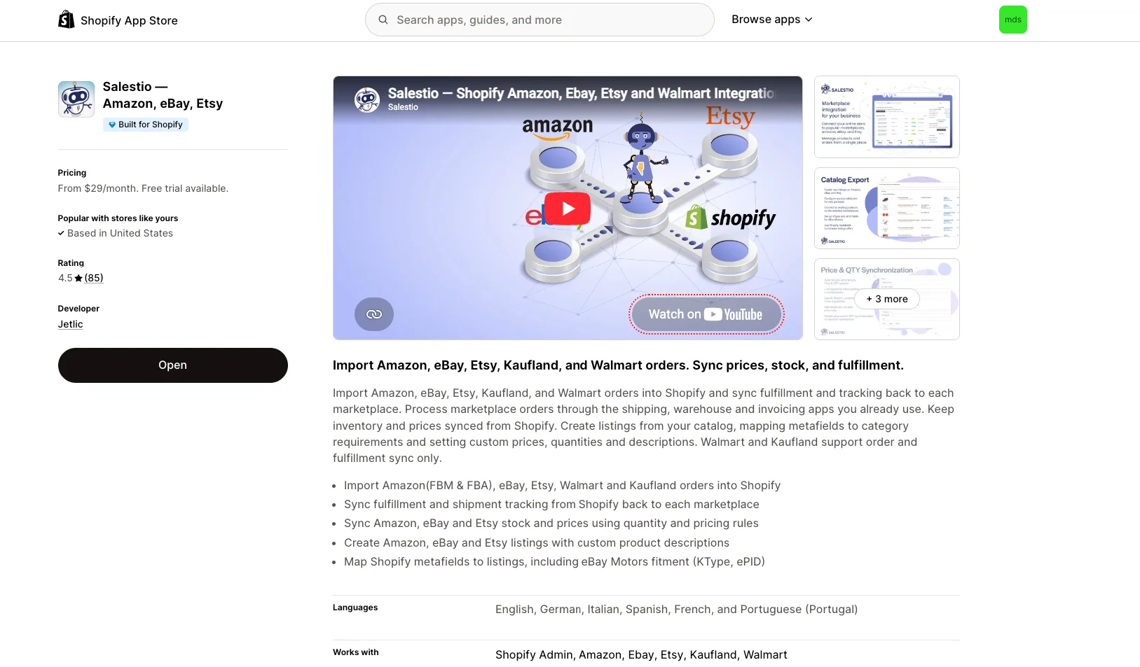 Best eBay Integration Apps for Shopify2 Salestio eBay integration app listing on the Shopify App Store