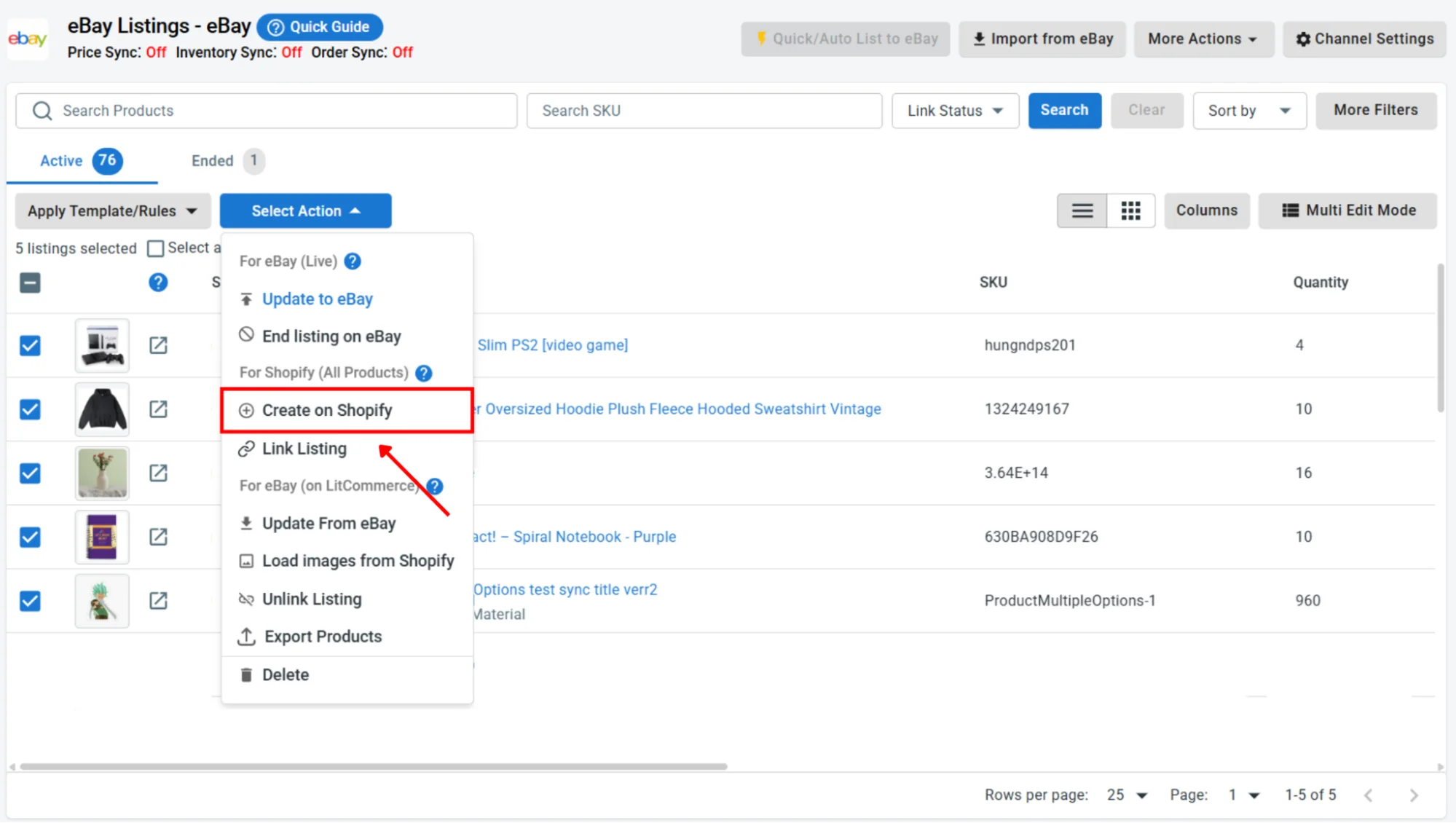 Best eBay Integration Apps for Shopify3 LitCommerce eBay Listings dashboard with the Select Action menu open to create linked products on Shopify