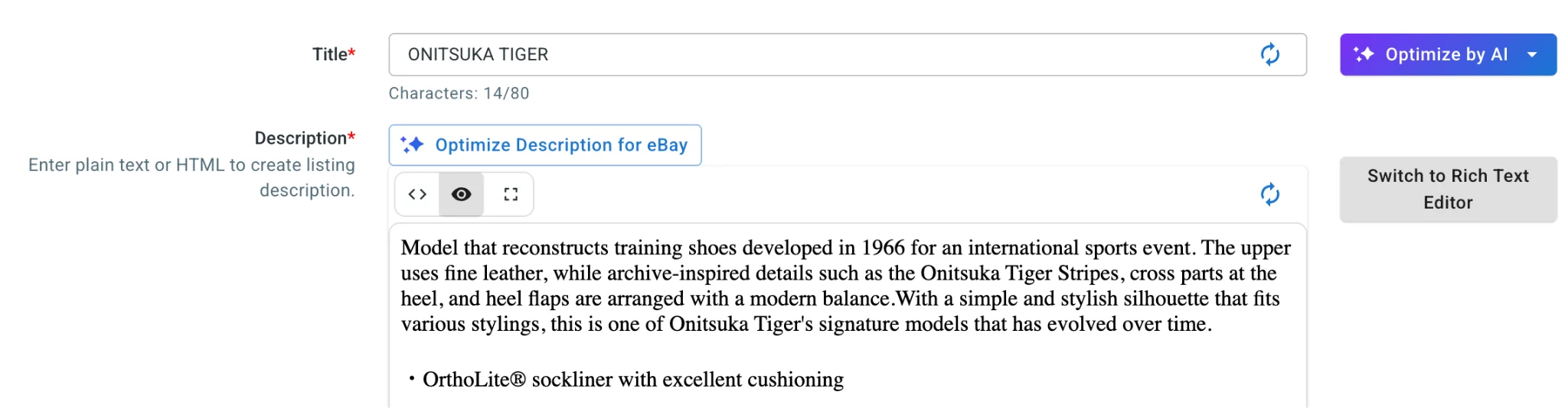 Best eBay Integration Apps for Shopify5 Editing an eBay listing title and description in LitCommerce with the Optimize by AI feature