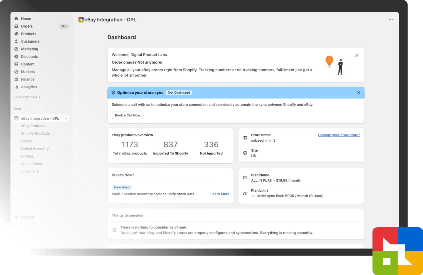 Best eBay Integration Apps for Shopify9 DPL eBay integration dashboard in Shopify admin showing synced product stats
