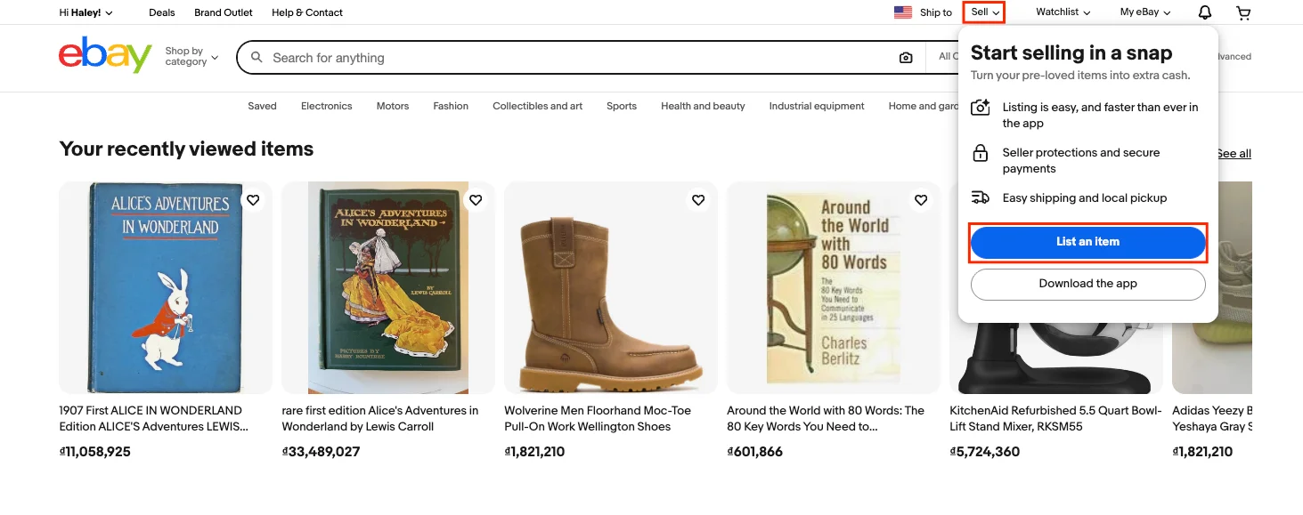How to Sell Books on eBay3 1 eBay sell page showing how to list a book by clicking Sell button and entering item details
