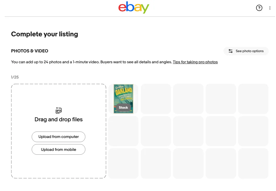 How to Sell Books on eBay5 1 eBay listing photo upload section showing how to add book images to a listing