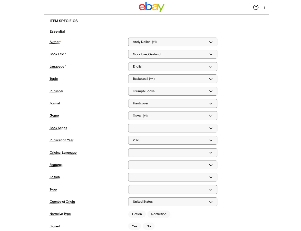 How to Sell Books on eBay6 1 eBay item specifics form showing fields for ISBN, author, publisher, and book condition