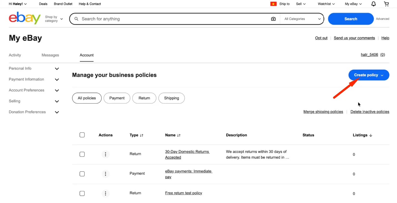 How to Sell Books on eBay8 1 eBay business policies setup page showing shipping, return, and payment policy options