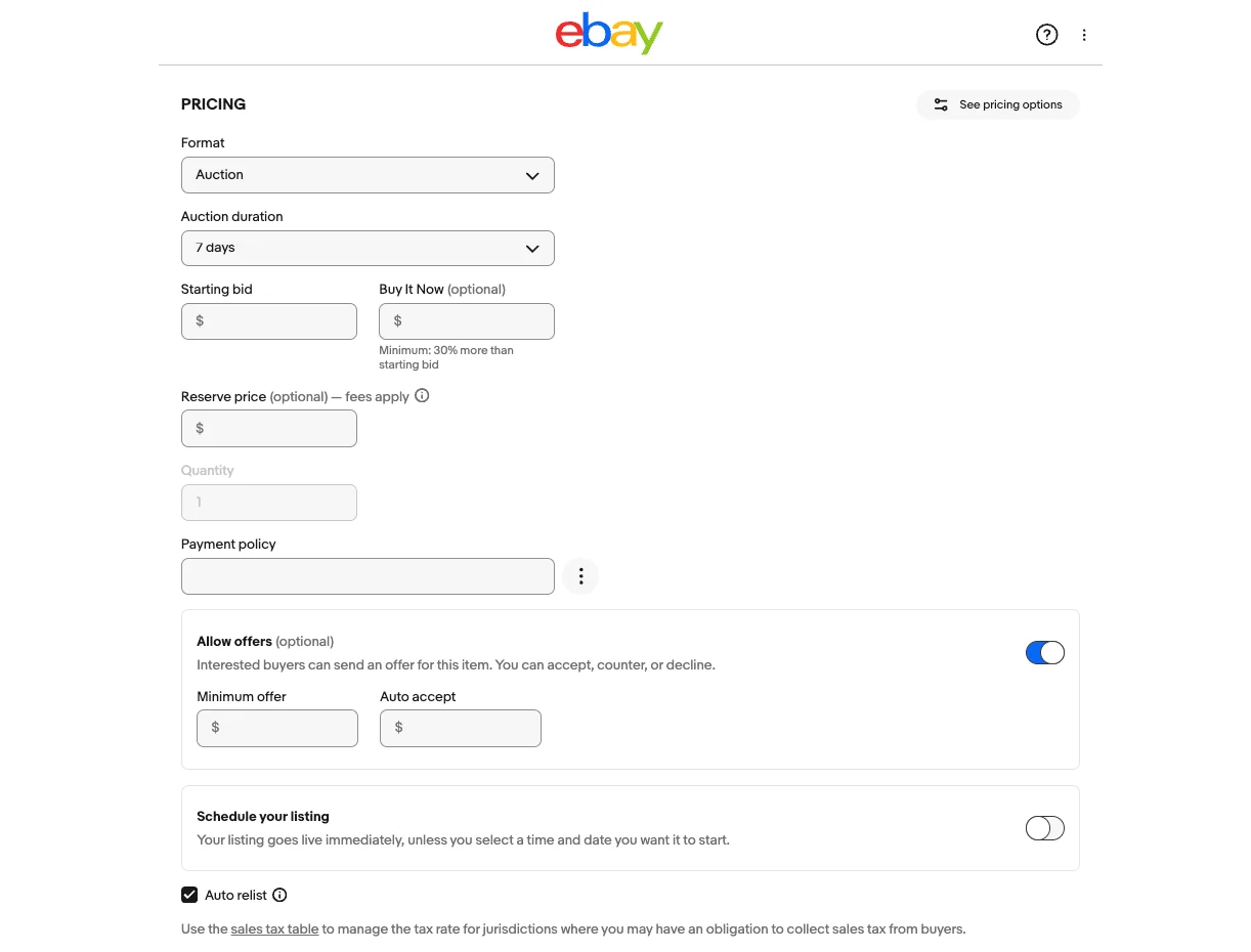 How to Sell Books on eBay9 1 eBay pricing page showing Buy It Now and Auction format options for book listings