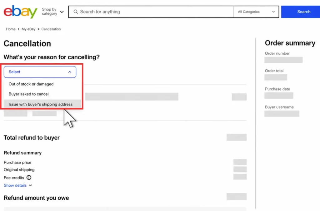 select a reason for cancelling Select a reason for your cancellation on eBay