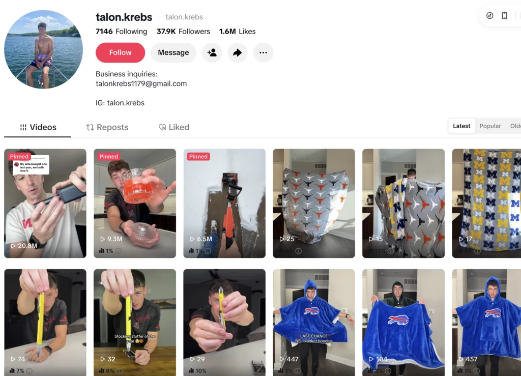 example of a successfull tiktok creator Talon Krebs made over $10,000 in commissions from a single product in one month