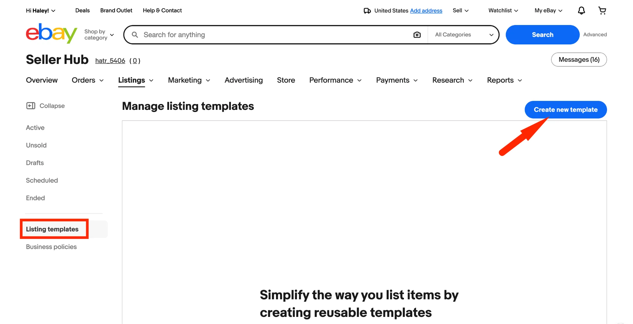 image 19 eBay Seller Hub create new listing template button