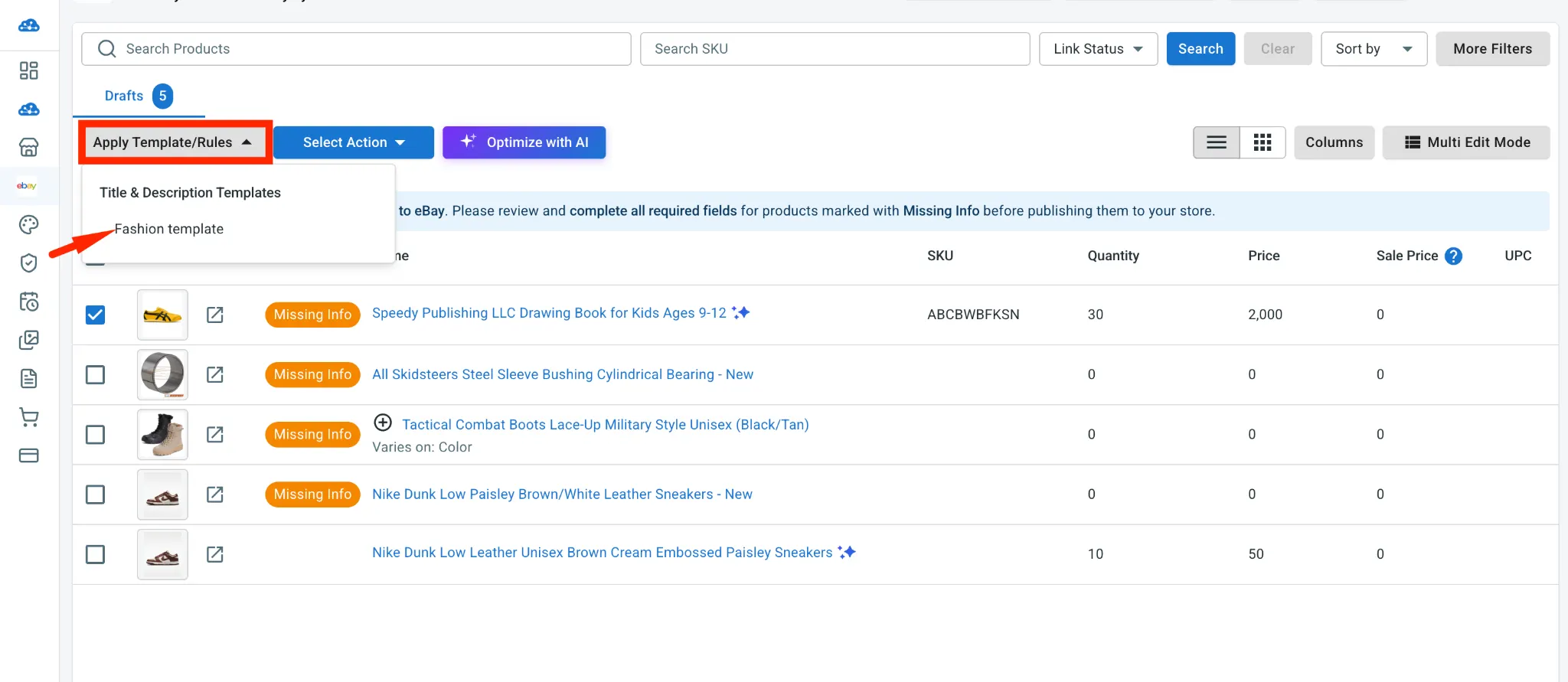 image 9 LitCommerce drafts page apply template and rules dropdown