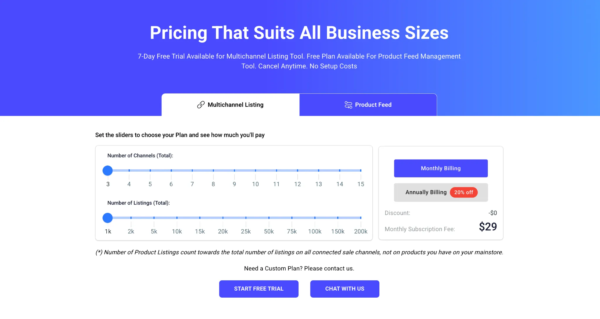 litcommerce vs salestio1 11zon LitCommerce pricing plans page with sliders to choose number of channels and listings