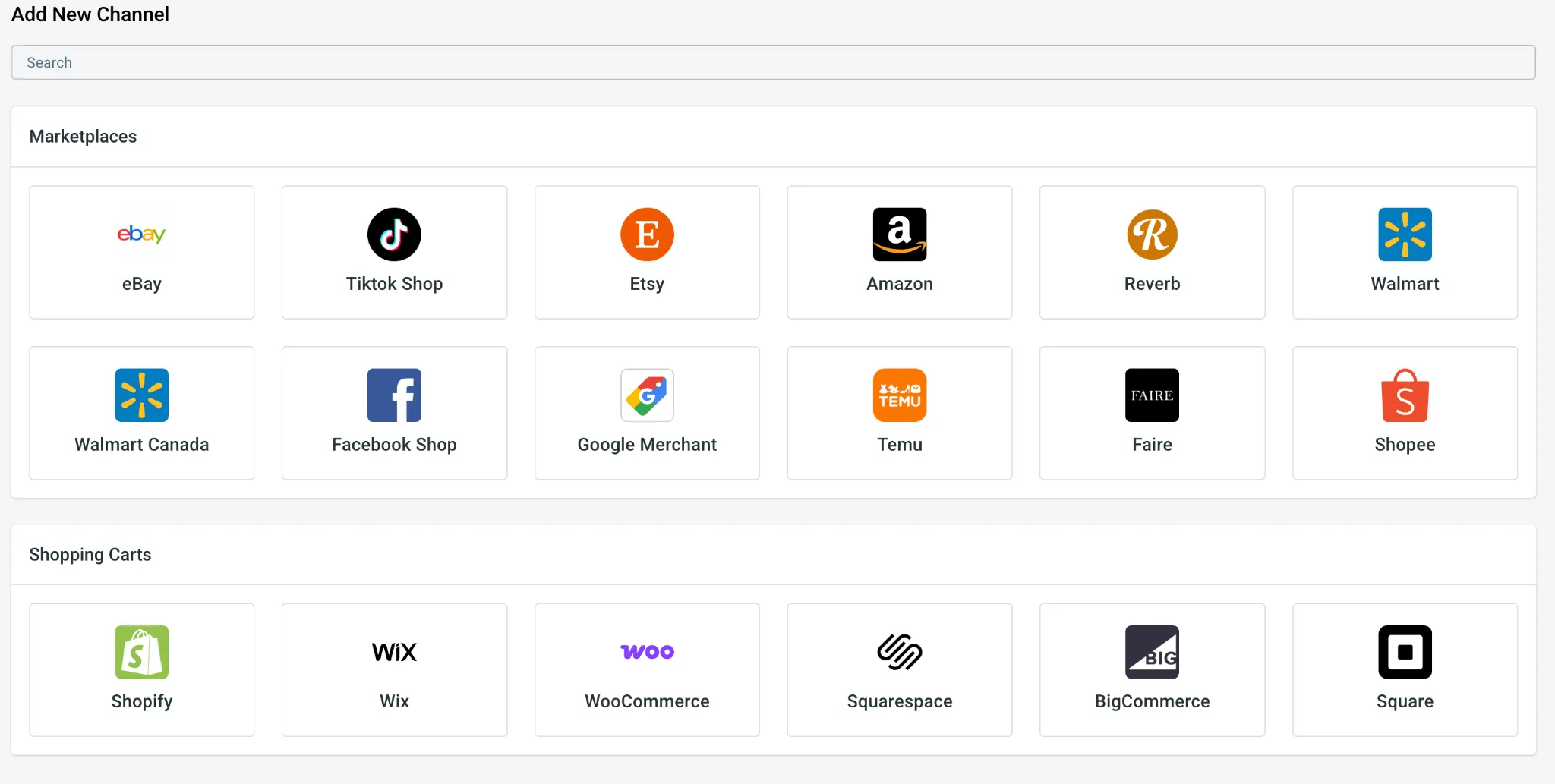 litcommerce vs salestio3 11zon LitCommerce Add New Channel screen showing marketplaces and shopping carts you can connect