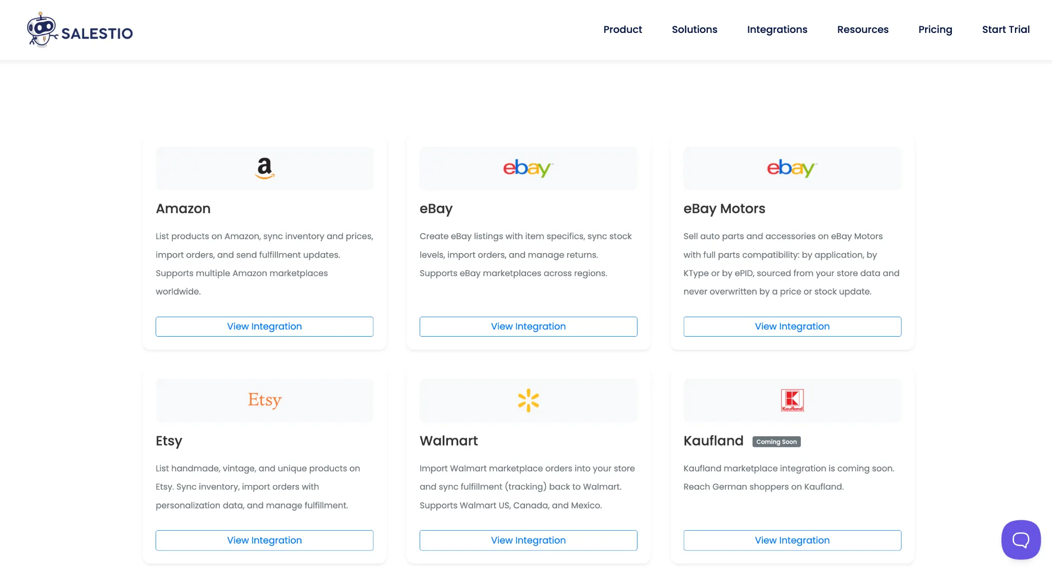 litcommerce vs salestio4 11zon Salestio integrations page listing Amazon, eBay, eBay Motors, Etsy, Walmart and Kaufland