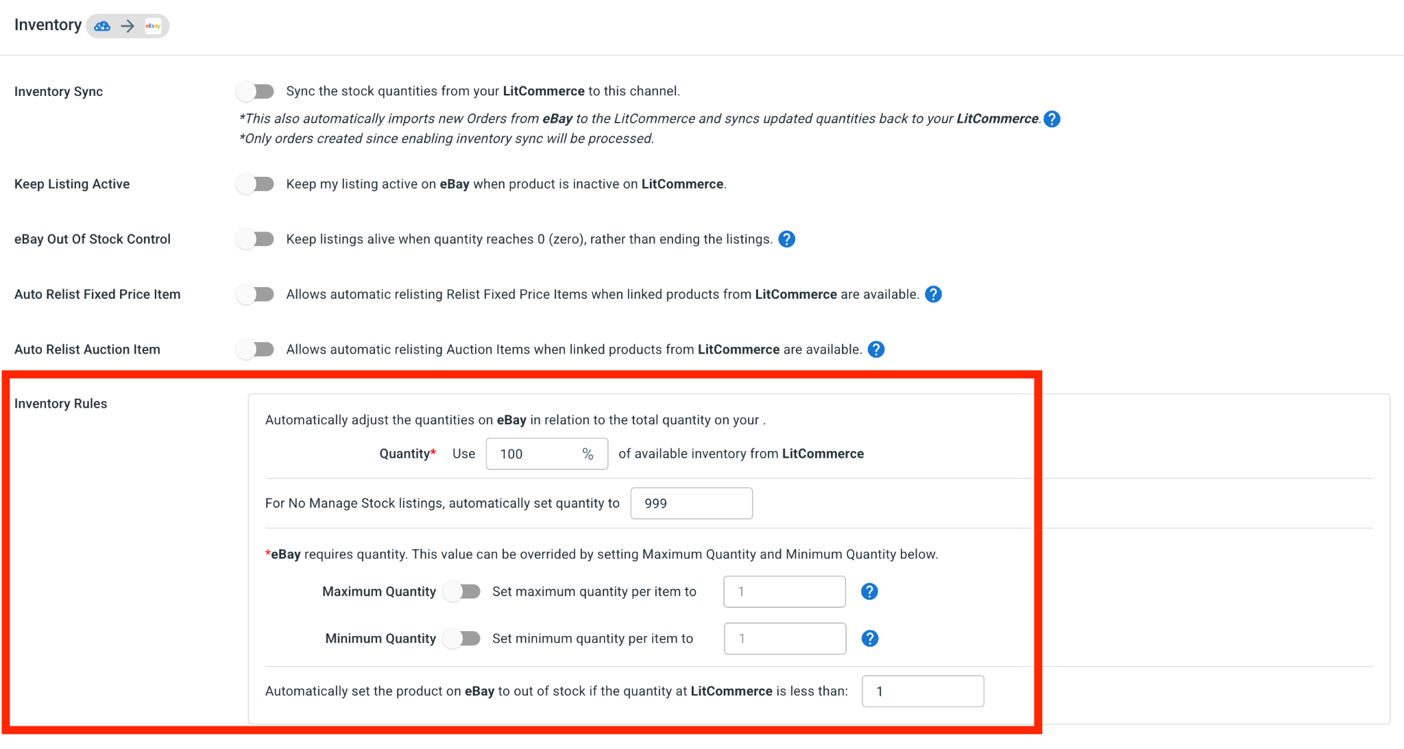 litcommerce vs salestio9 LitCommerce inventory settings with inventory rules highlighted
