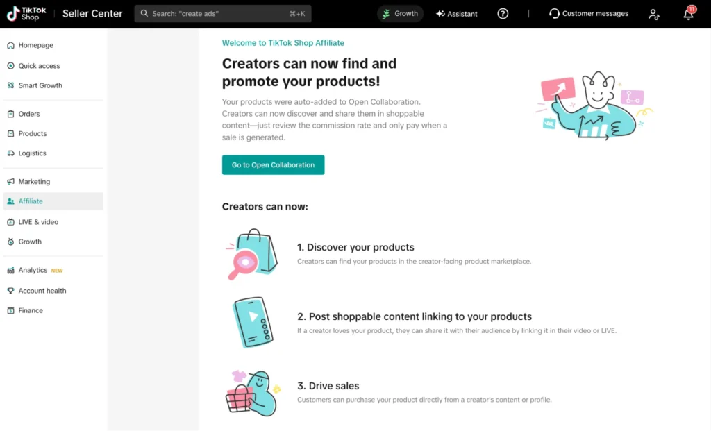 tiktok shop affiliate open collaboration TikTok Shop Affiliate page in Seller Center