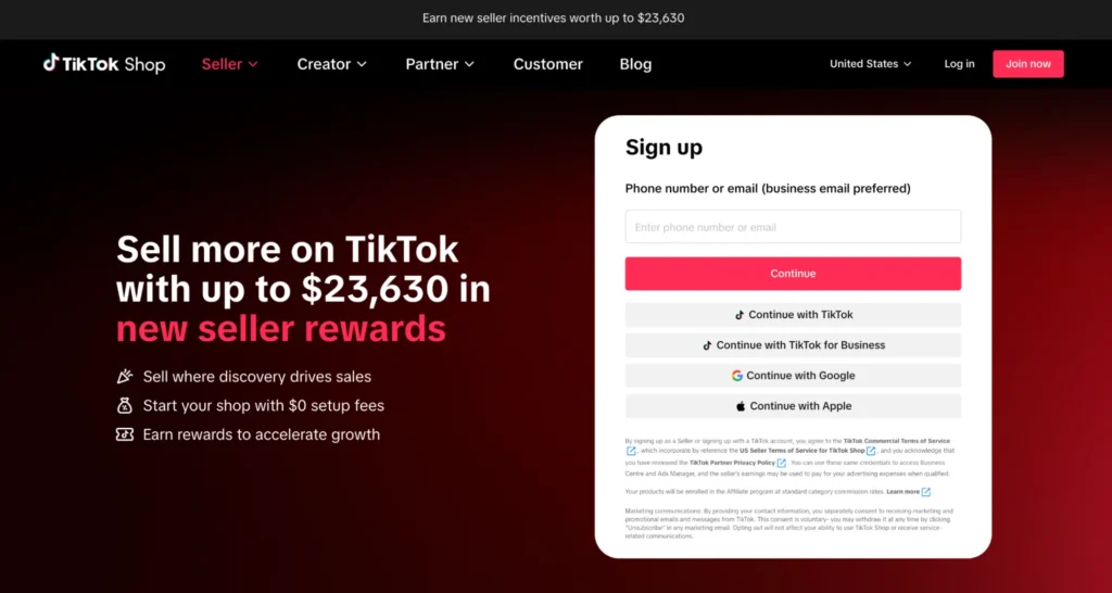 tiktok shop seller sign up TikTok Shop Seller Center sign up page