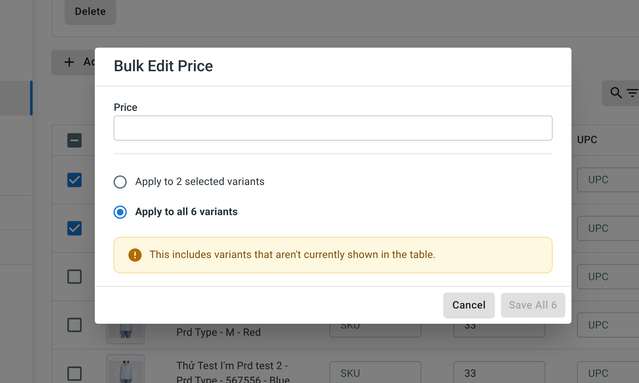 Bulk Edit Price modal with options to apply to selected variants or all variants in All Products