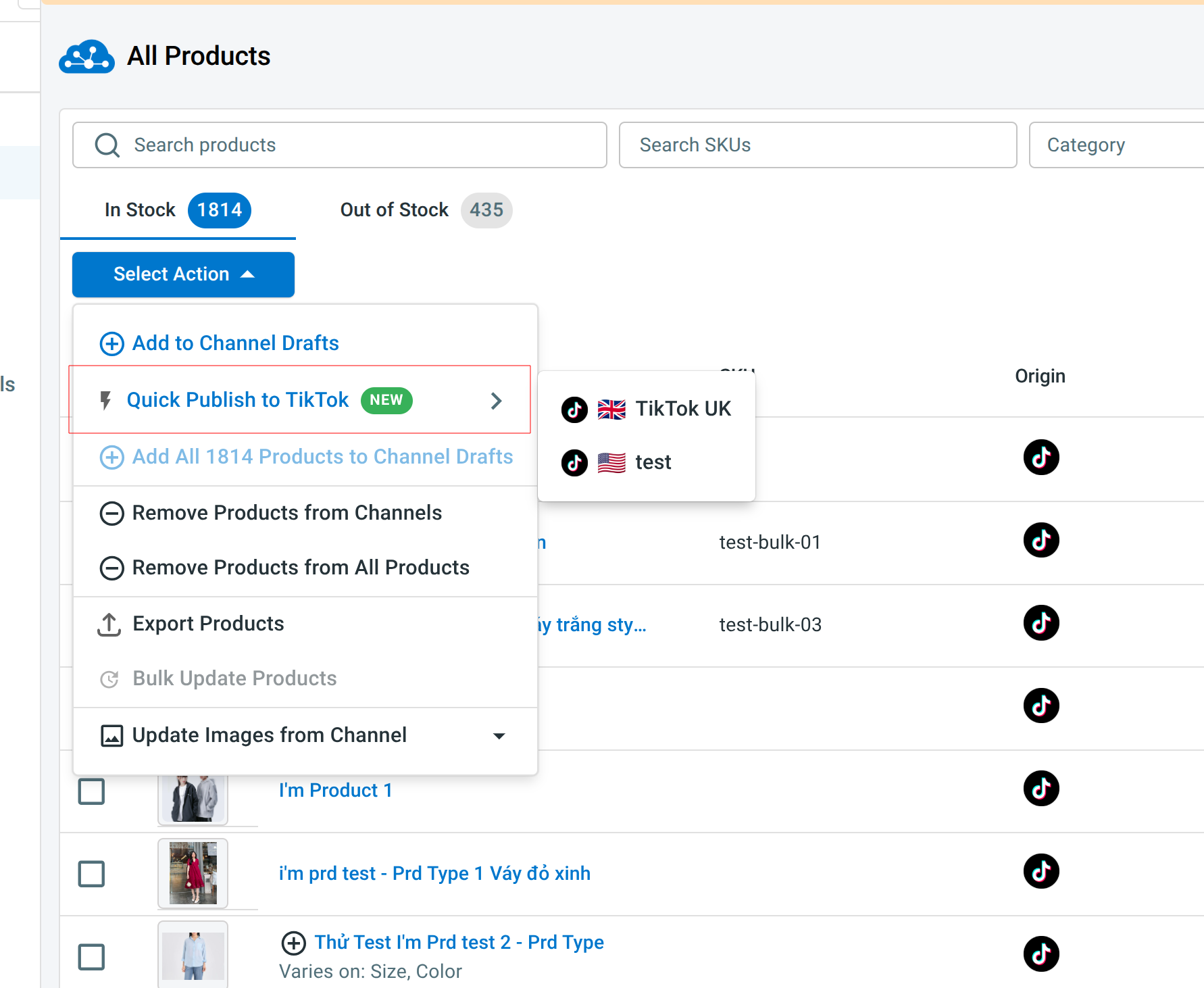 Quick Publish to TikTok Shop option in the Bulk Actions menu on All Products