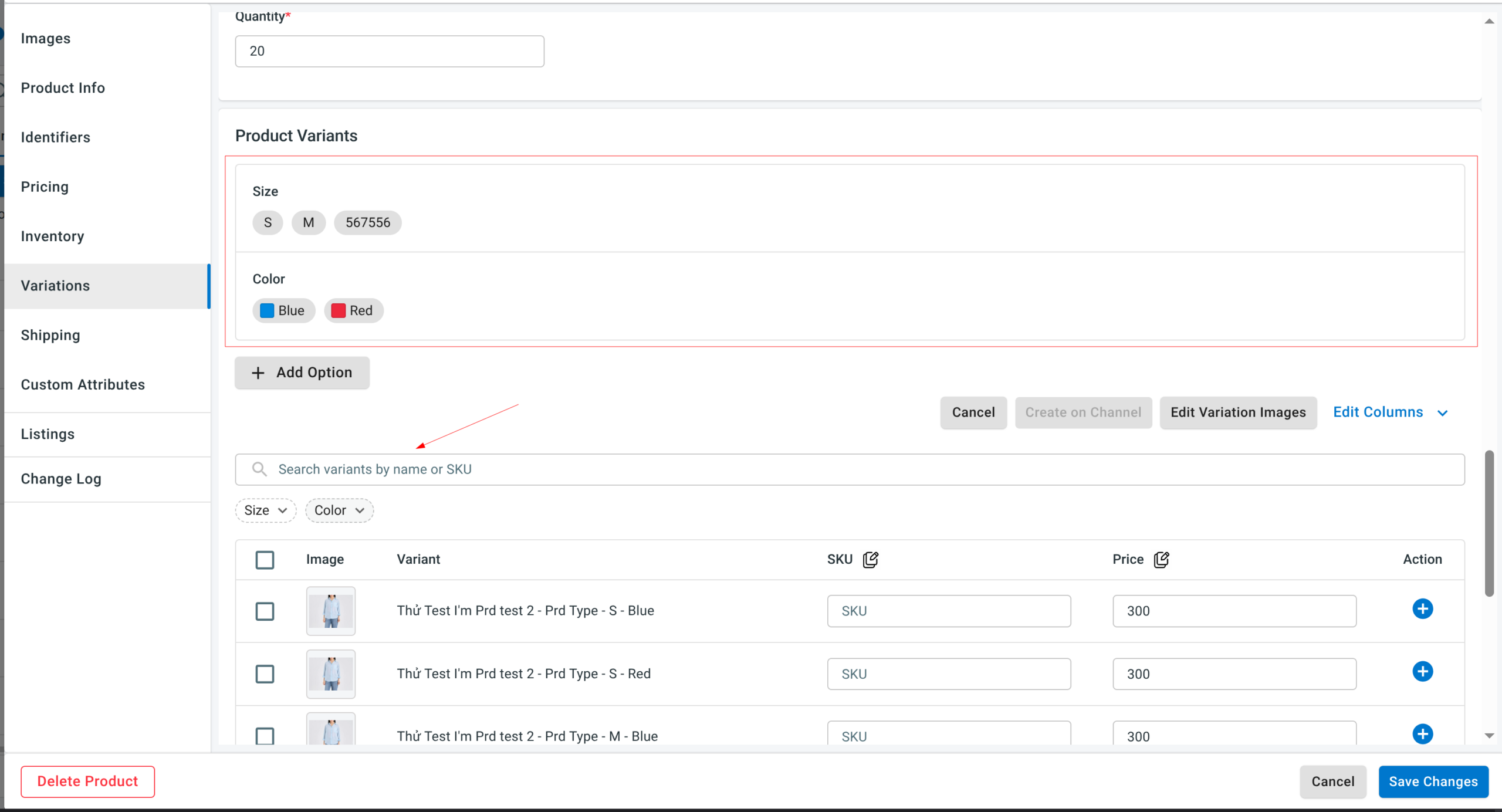 Search variants by name or SKU and filter by Size and Color in the Variant section of All Products