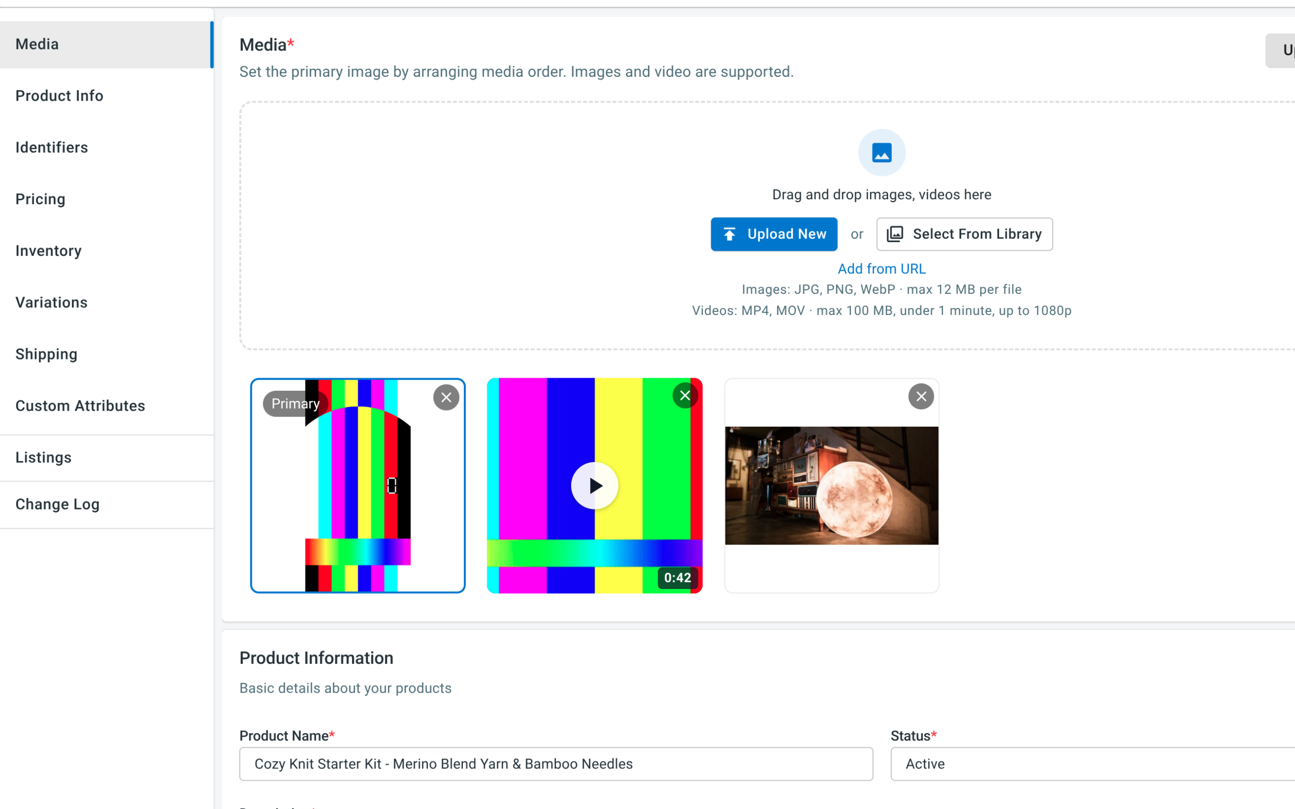 LitCommerce product Media section with Upload New, Select From Library and Add from URL options, showing an uploaded product video