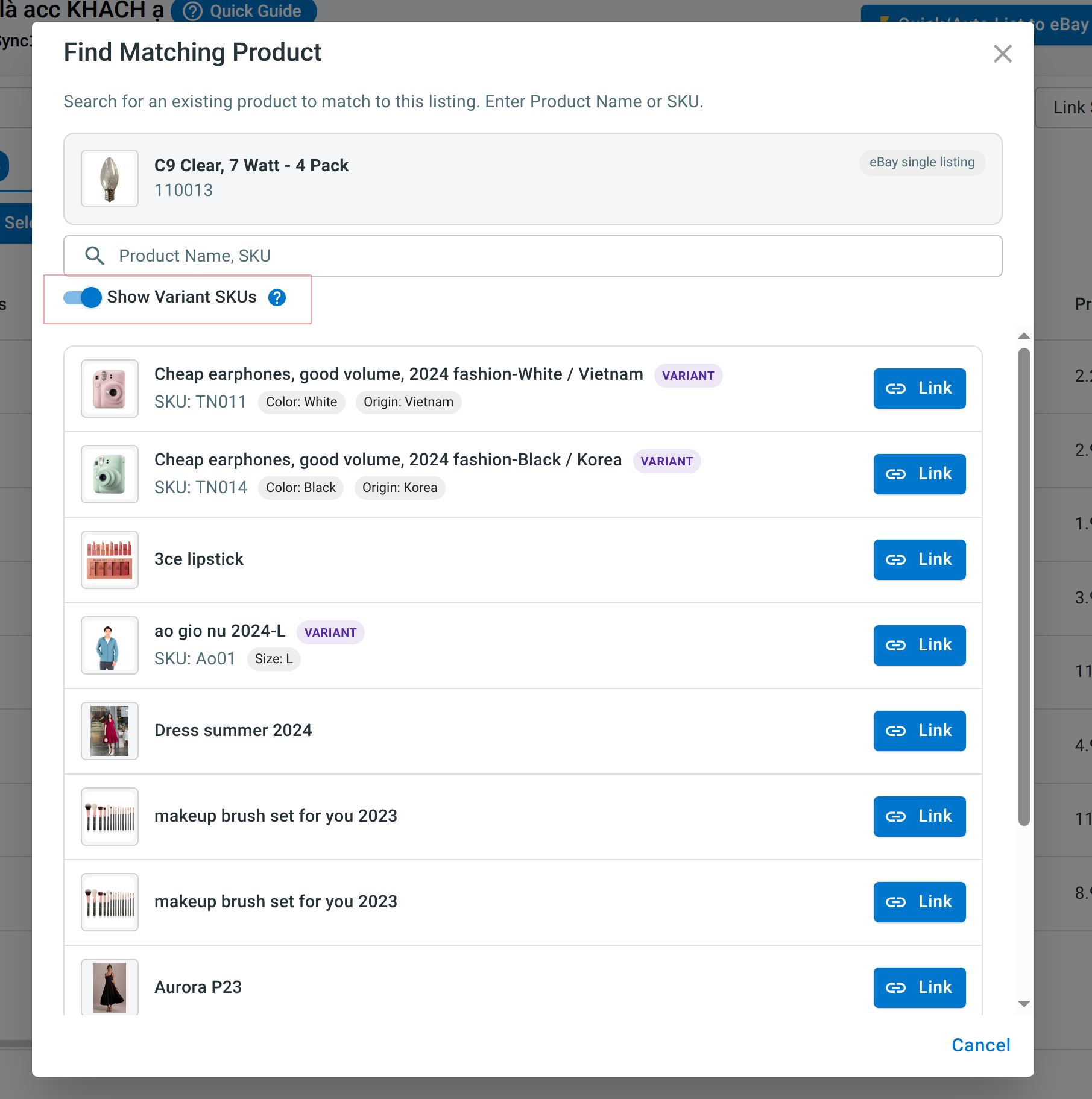 LitCommerce Find Matching Product window with Show Variant SKUs turned on to link a Main Store variant to an eBay simple listing