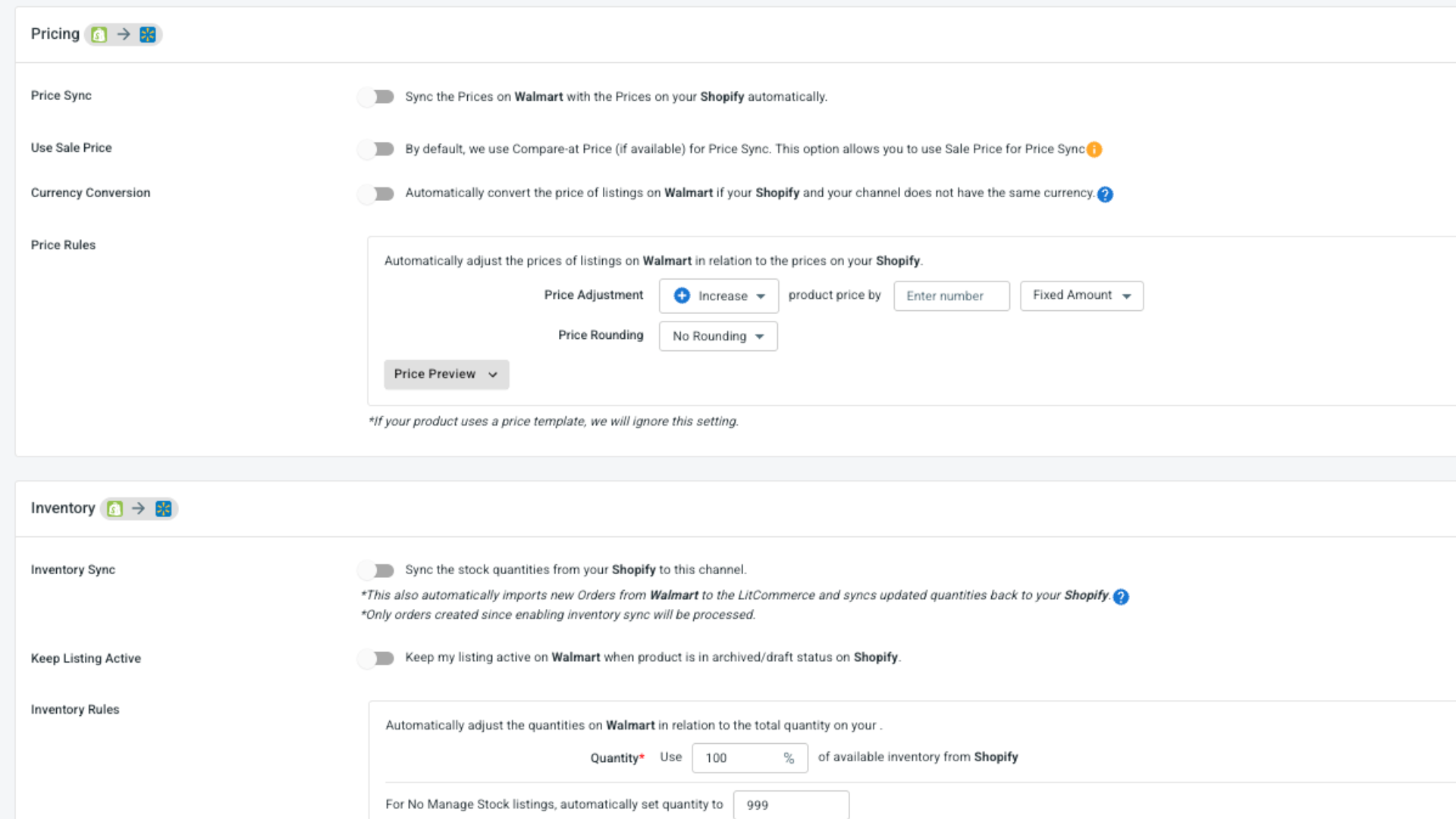 Turn on sync Shopify and Walmart Turn on sync Shopify and Walmart