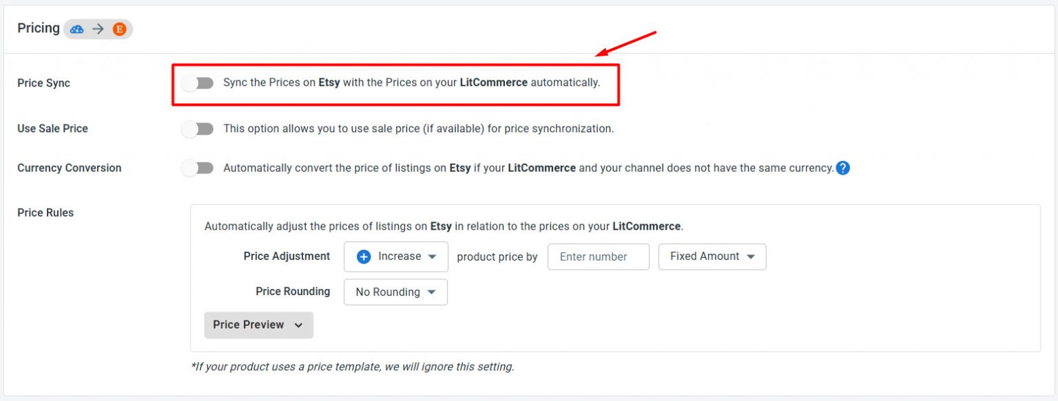 turn on Etsy sync
