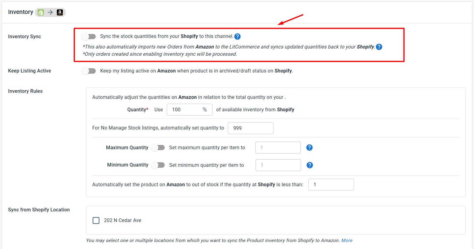 Turn On Shopify Amazon Sync - Inventory